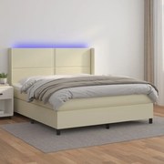 Cama box spring c/ colchão/LED 160x200cm couro artificial creme