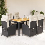vidaXL 7 pcs conjunto de jantar p/ jardim c/ almofadões vime PE preto