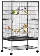 PawHut Gaiola para Pássaros com Rodas Bandeja Amovível 4 Portas 4 Comedouros e Prateleira de Armazenamento 78x52x132cm Cinza | Aosom Portugal