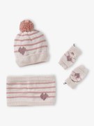 Agora -30%: Conjunto gorro + gola snood + luvas de polegar/mitenes às riscas/coração, para menina cru