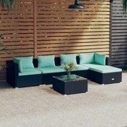 6 pcs conjunto lounge de jardim c/ almofadões vime PE preto