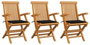 vidaXL Cadeiras de jardim c/ almofadões pretos 3 pcs teca maciça