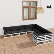 9 pcs conj. lounge de jardim c/ almofadões pinho maciço branco