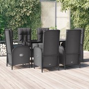 7 pcs conjunto de jantar p/ jardim c/ almofadões vime PE preto