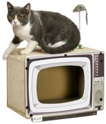 PawHut Arranhador de Cartão para Gatos Casa para Gatos em Forma de Televisor com Rato de Brinquedo 43x23x32,5 cm Areia