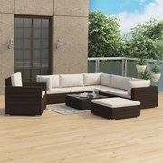 8 pcs conjunto lounge jardim c/ almofadões vime PE castanho