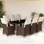 vidaXL 9 pcs conjunto bistrô de jardim c/ almofadões vime PE castanho