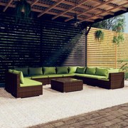 11 pcs conjunto lounge de jardim c/ almofadões vime PE castanho