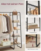 Cabideiro VASAGLE RGR116K01, 45 x 120 x 160 cm, Cabideiro, Sapateira, Guarda-roupa aberto, 6 ganchos removíveis, Corredor do quarto, Marrom turquesa e preto fosco