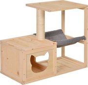 PawHut Caverna para Gatos, Cama para Gatos com Rede, Poste de Sisal, Plataforma Casa para Gatos em Madeira Arranhador para Gatos para Interior 70 x 35 x 60 cm Natural | Aosom Portugal