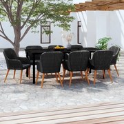 9 pcs conjunto de jantar para jardim c/ almofadões preto