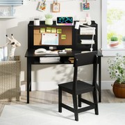 Conjunto de secretária e cadeira infantil em madeira com prateleira de cortiça, estação de computador para quarto, escola, Preta