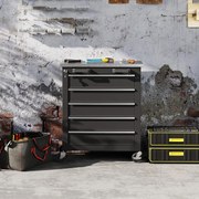 Carrinho de Ferramentas com 5 Gavetas Fecho Rodas com Travão e Bancada em Aço Inoxidável 65,5x34,5x76 cm Preto e Prateado