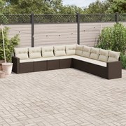 vidaXL 9 pcs conjunto sofás p/ jardim c/ almofadões vime PE castanho