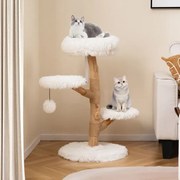 Torre para gatos em madeira maciça de pereira 50 x 90 cm (diâmetro x altura) com plataforma, bola suspensa e postes para arranhar brancos