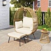 Cadeira Ovo Jardim com Pufe Conjunto de 2 peças de vime com almofadas macias e apoio para os pés Castanho claro