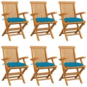 vidaXL Cadeiras de jardim c/ almofadões azuis-claros 6 pcs teca maciça