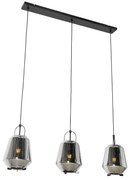 Candeeiro suspenso preto com vidro fumê 23 cm oblongo 3 luzes - Kevin Art Deco