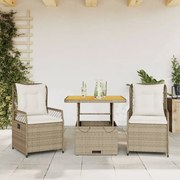 vidaXL 3 pcs conjunto de jantar p/ jardim com almofadões vime PE bege