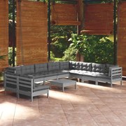 11pcs conjunto lounge de jardim + almofadões pinho maciço cinza