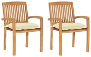 vidaXL Cadeiras de jardim c/ almofadões branco nata 2 pcs teca maciça