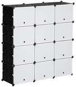 HOMCOM Armário Modular de Plástico Armário com 12 Cubos Organizadores de Sapatos Roupas Brinquedos 125x32x125cm Branco e Preto