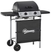 Outsunny Barbecue a Gás com 2 Queimadores 2,8 KW 2 Rodas 2 Mesas Laterais e Grelhas de Aço para Piquenique Campismo 104x49x99 cm Preto