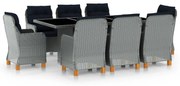 vidaXL 9 pcs conj. jantar exterior + almofadões vime PE cinzento-claro