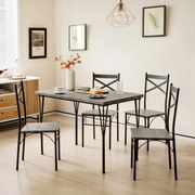 Conjunto de mesa de jantar de 5 peças com mesa retangular moderna e 4 cadeiras com estrutura metálica para cozinha, escritório e restaurante Cinzento
