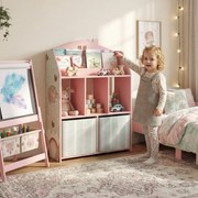 Estante Infantil para Brinquedos com Gavetas de Tecido Prateleiras Abertas Design de Raposas Organizador de Brinquedos Rosa