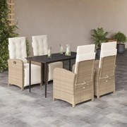 vidaXL 5 pcs conjunto de jantar p/ jardim com almofadões vime PE bege