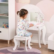 Toucador Infantil de Madeira com Banco e Espelho de Acrílico de 2 Sessões Mesa de Maquilhagem Infantil com Gaveta para Dormitório Sala de Jogos 63x40x