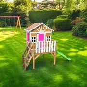 Casa de brincar para crianças com escorrega 200 cm x 3,15 x 2,58 cm de madeira em painéis VISBY elevada 90 cm Rosa
