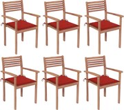 vidaXL Cadeiras de jardim empilháveis c/ almofadões 6 pcs teca maciça