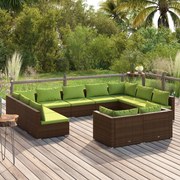 11 pcs conjunto lounge de jardim c/ almofadões vime PE castanho