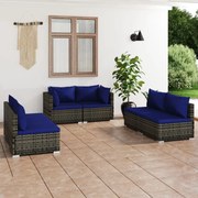 6 pcs conjunto lounge de jardim c/ almofadões vime PE cinza