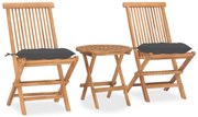 3 pcs conj. jantar dobrável exterior c/ almofadão teca maciça