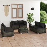 7 pcs conjunto lounge de jardim c/ almofadões vime PE cinzento