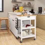 Carrinho de cozinha em bambu com gaveta lateral para toalhas e pega de empurrar 66 x 40 x 85 cm Branco