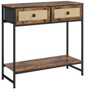 HOMCOM Mesa Consola Móvel de Entrada com Prateleira Aberta 2 Gavetas Frente em Vime Consola de Entrada 80x30x75 cm Marrom Rústico | Aosom Portugal