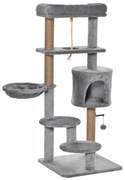 PawHut Arranhador Gatos Plataforma Caverna Rede Postes Juta Corda Bola Suspensa 48x48x120 cm Cinza Resistente Confortável | Aosom Portugal