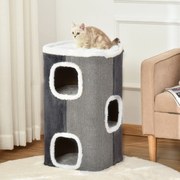 Barril Arranhador para Gatos 74cm de Altura Torre de Escalar com 3 Cavernas de Sisal e Pelúcia Plataforma de Velo 40x40x74cm Cinza