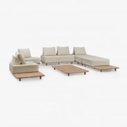 Conjunto De Jardim Com Sofá Modular De 3 Peças, Chaise Longue, Mesa Lateral, 2 Poltronas E Mesa De Centro 160x95 Cm Em Portet Marrom Acácia Claro -
