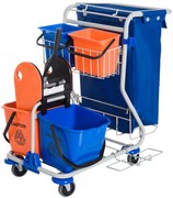 HOMCOM Carro de Limpeza Profissional com Balde Duplo Removível de 18 Litros Escorredor 2 Baldes Auxiliares e Bolsa de Lixo 93x80x97 cm Azul e Laranja