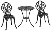 Outsunny Conjunto de Mesa e Cadeiras de Exterior 3 Peças de Alumínio com Encosto com Padrão de Tulipa e Mesa com Orifício para Chapéu de Sol Preto | Aosom Portugal