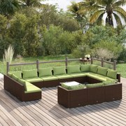 14 pcs conjunto lounge de jardim c/ almofadões vime PE castanho