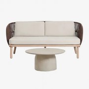 Conjunto De Sala Com Sofá De 2 Lugares Em Corda Trançada Capri E Mesa De Centro Redonda Ø75 Cm Em Cimento Layana Castanho Chocolate - Sklum