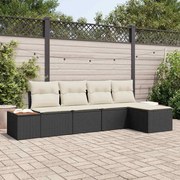 vidaXL Conjunto de Sofá de Jardim de 5 Peças da com Almofadas Pretas em Rattan e Poliéster.