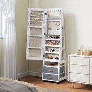 Espelho Armário de Jóias com Luzes LED Rodas Giratórias 360° Prateleiras Abertas Gavetas de Tecido Branco