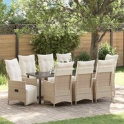 vidaXL Conjunto de Jantar de Jardim com 9 Peças e Almofadas Bege em Rattan Sintético.